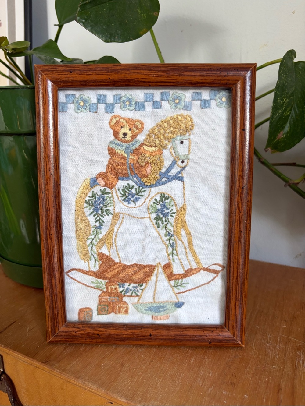 Handmade Vintage Framed Teddy bear on Rocking Horse Embroidery Art